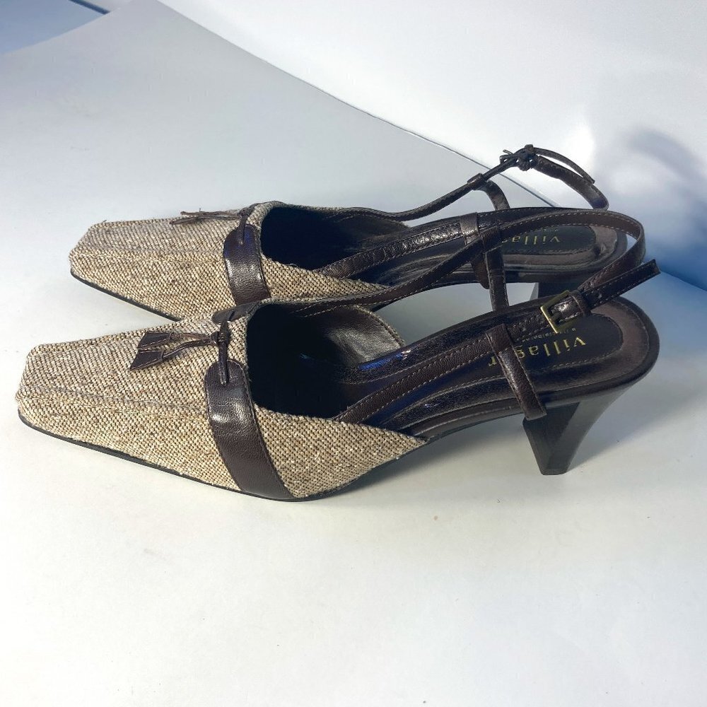 Villager Liz Claiborne SZ 9 Brown tweed sling back NWOT heels Vintage classic